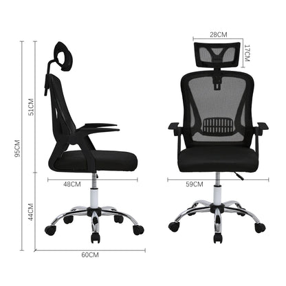 Black office chair with dimensions labeled on a white background
