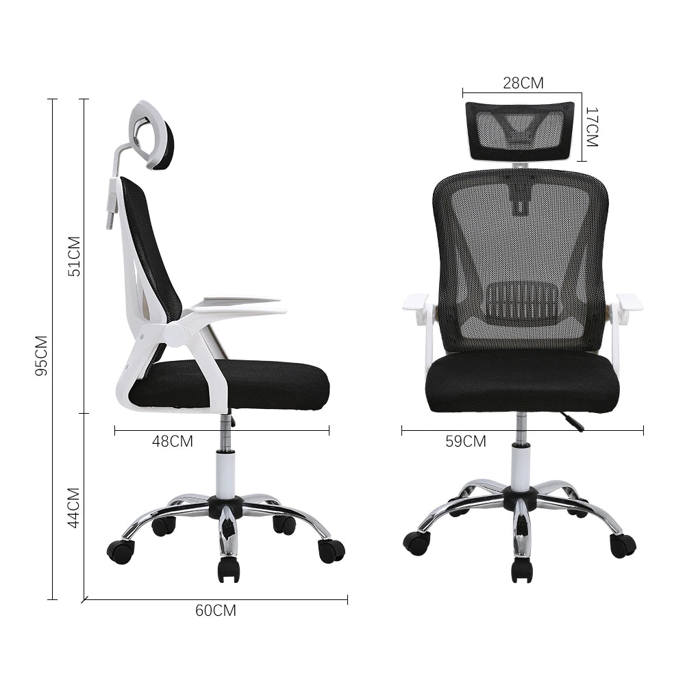 Black office chair with measurements on a white background