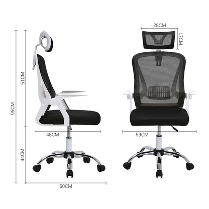 Black office chair with measurements on a white background