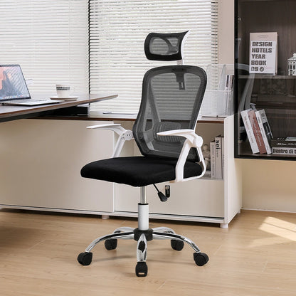 Black office chair with white accents in a home office setting.