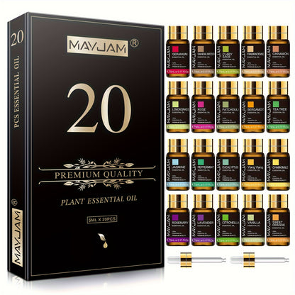 MayJam 20-piece premium quality plant essential oil set with black packaging and small bottles.