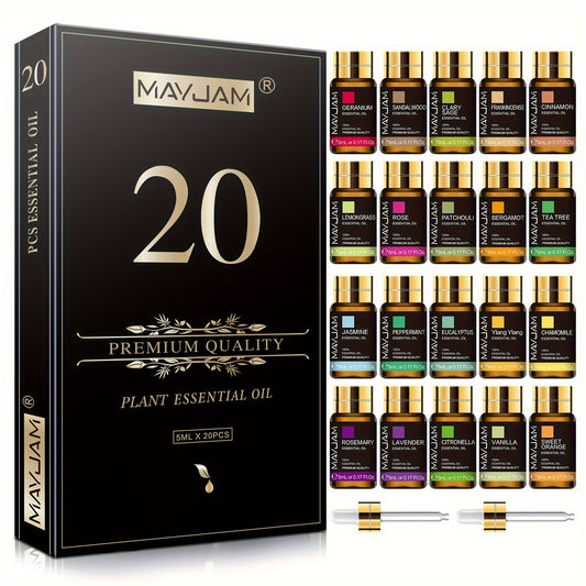 MayJam 20-piece premium quality plant essential oil set with black packaging and small bottles.