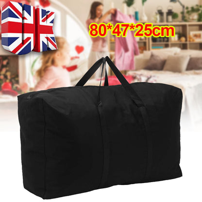 Black storage bag with dimensions 80*47*25cm on a blurred background of a living room.