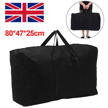 Black travel bag with dimensions 80*47*25cm, held by a person, on a white background with a British flag.