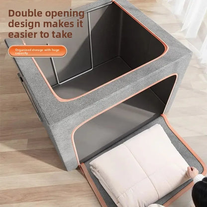 Gray storage bench with double opening design on a wooden floor.
