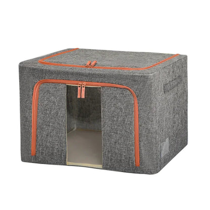 Gray pet house with orange zipper on a white background