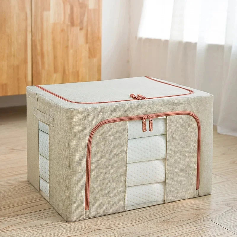 Beige storage box with red zipper on a wooden floor