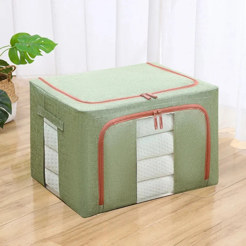 Green storage box with red zipper on a wooden floor