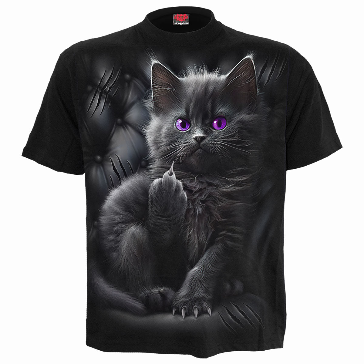Cattitude Front Print T-Shirt Black Funny Cat Graphic 100% Cotton Tee Finger