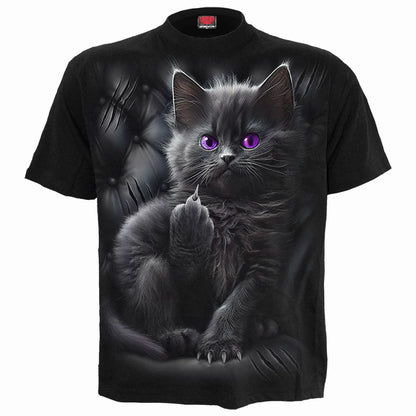 Cattitude Front Print T-Shirt Black Funny Cat Graphic 100% Cotton Tee Finger