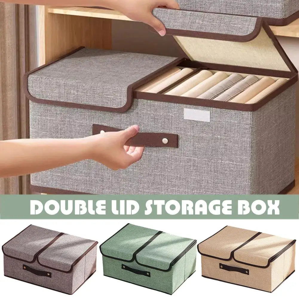 Double lid storage box with a hand opening it, shown with additional color options below.