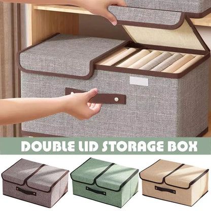 Double lid storage box with a hand opening it, shown with additional color options below.