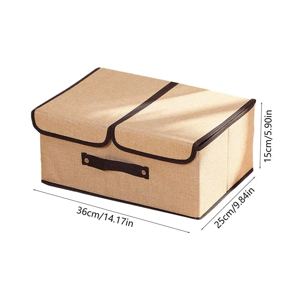 Beige storage box with black trim and dimensions on a white background