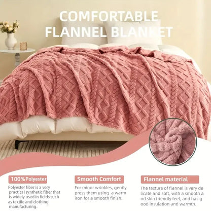 Pink flannel blanket on a bed with product details and close-up of texture.