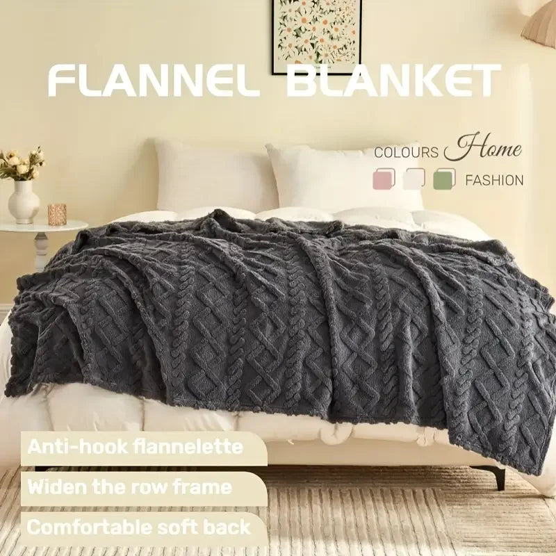 Gray flannel blanket on a bed with a neutral bedroom background