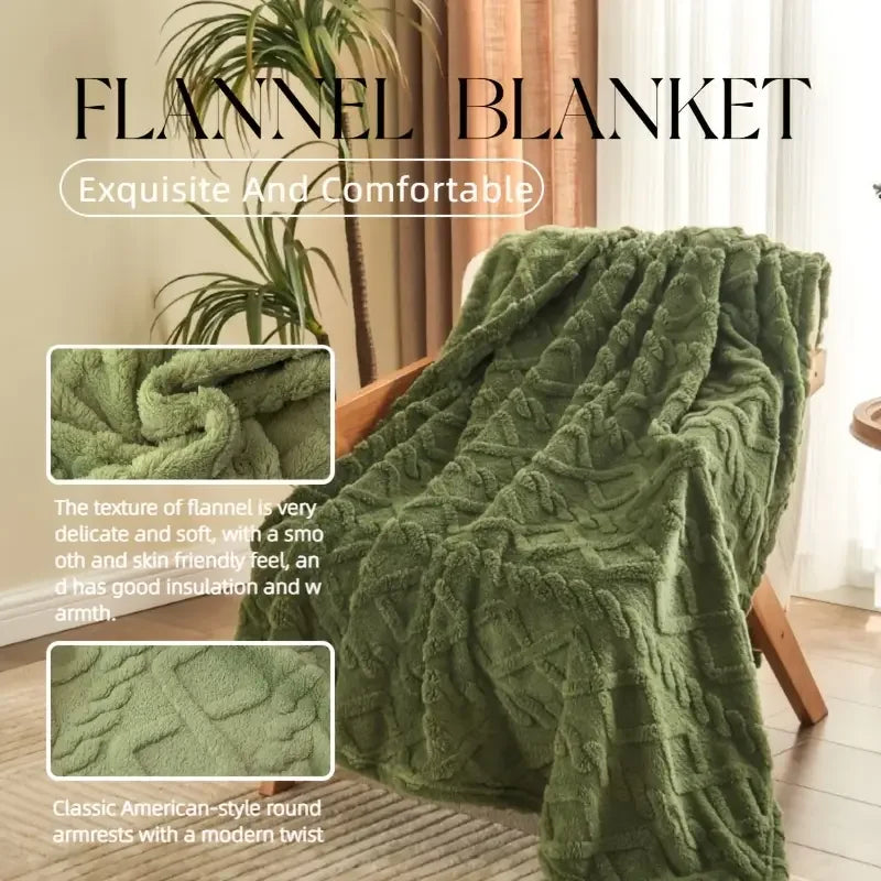 Green flannel blanket draped over a chair with text highlighting its features.