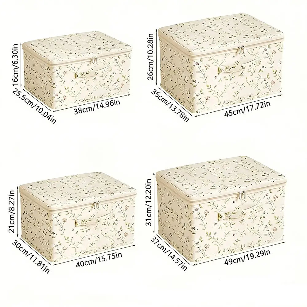 Set of four floral-patterned storage boxes with dimensions labeled on a white background