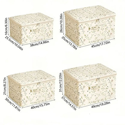 Set of four floral-patterned storage boxes with dimensions labeled on a white background