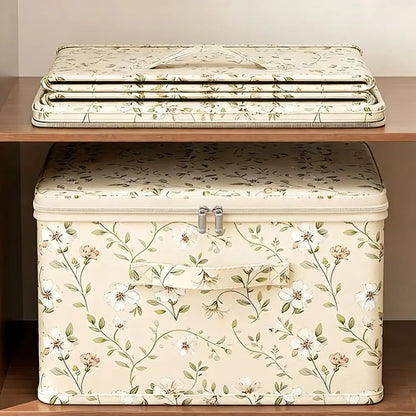 Floral-patterned storage box on a wooden surface