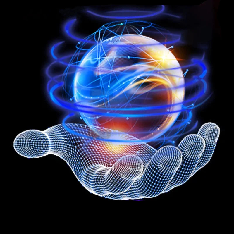 Digital artwork of a glowing blue sphere held by a translucent hand on a black background