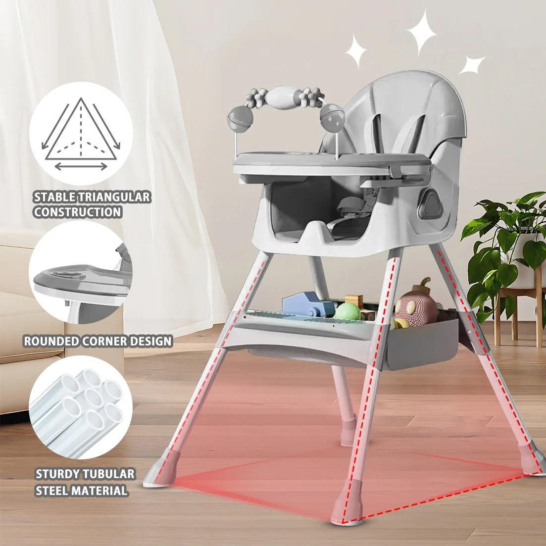High chair with stability features highlighted on a neutral background
