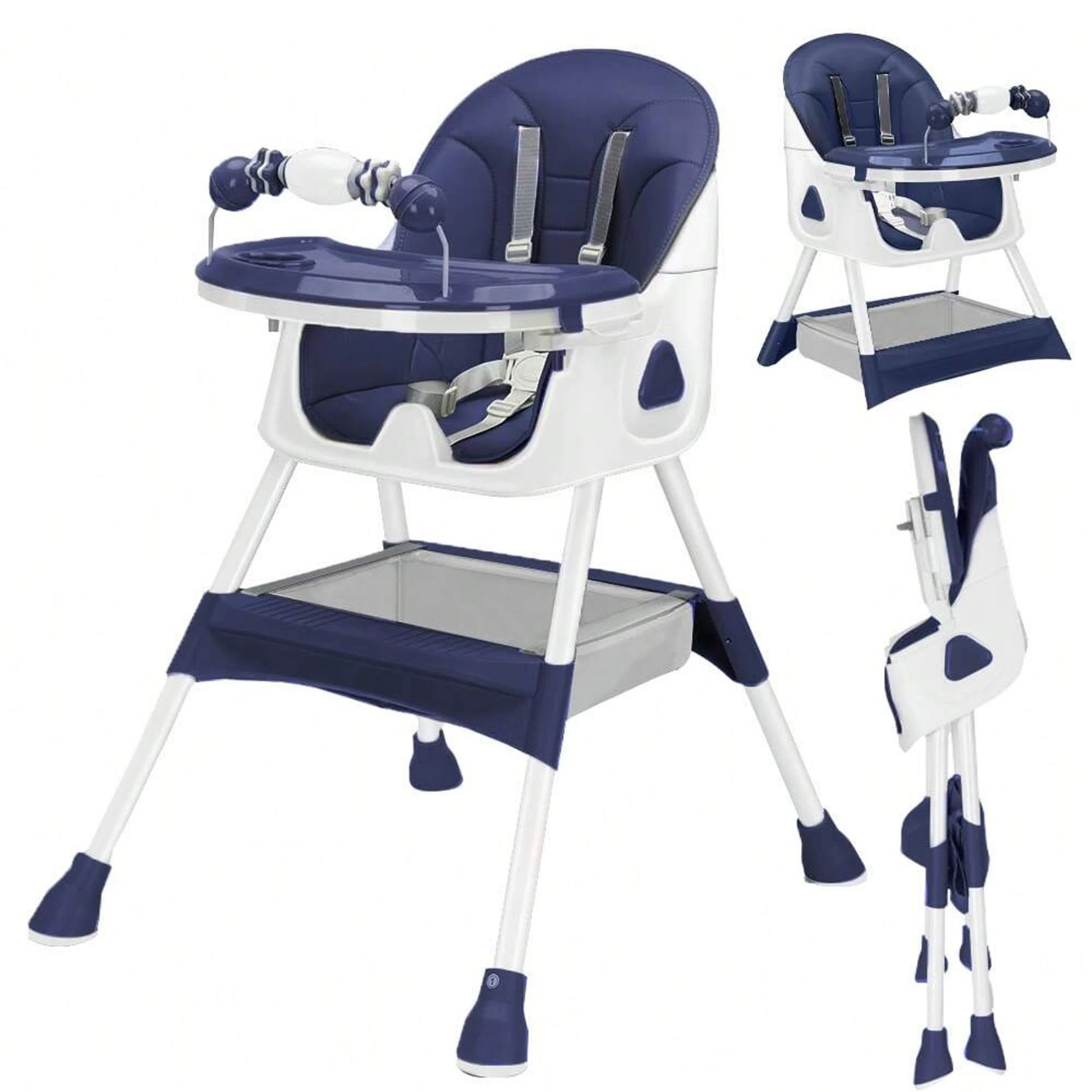 Navy and white high chair with tray and footrest on a white background