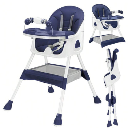 Navy and white high chair with tray and footrest on a white background