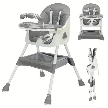 Gray and white high chair with tray and base on a white background
