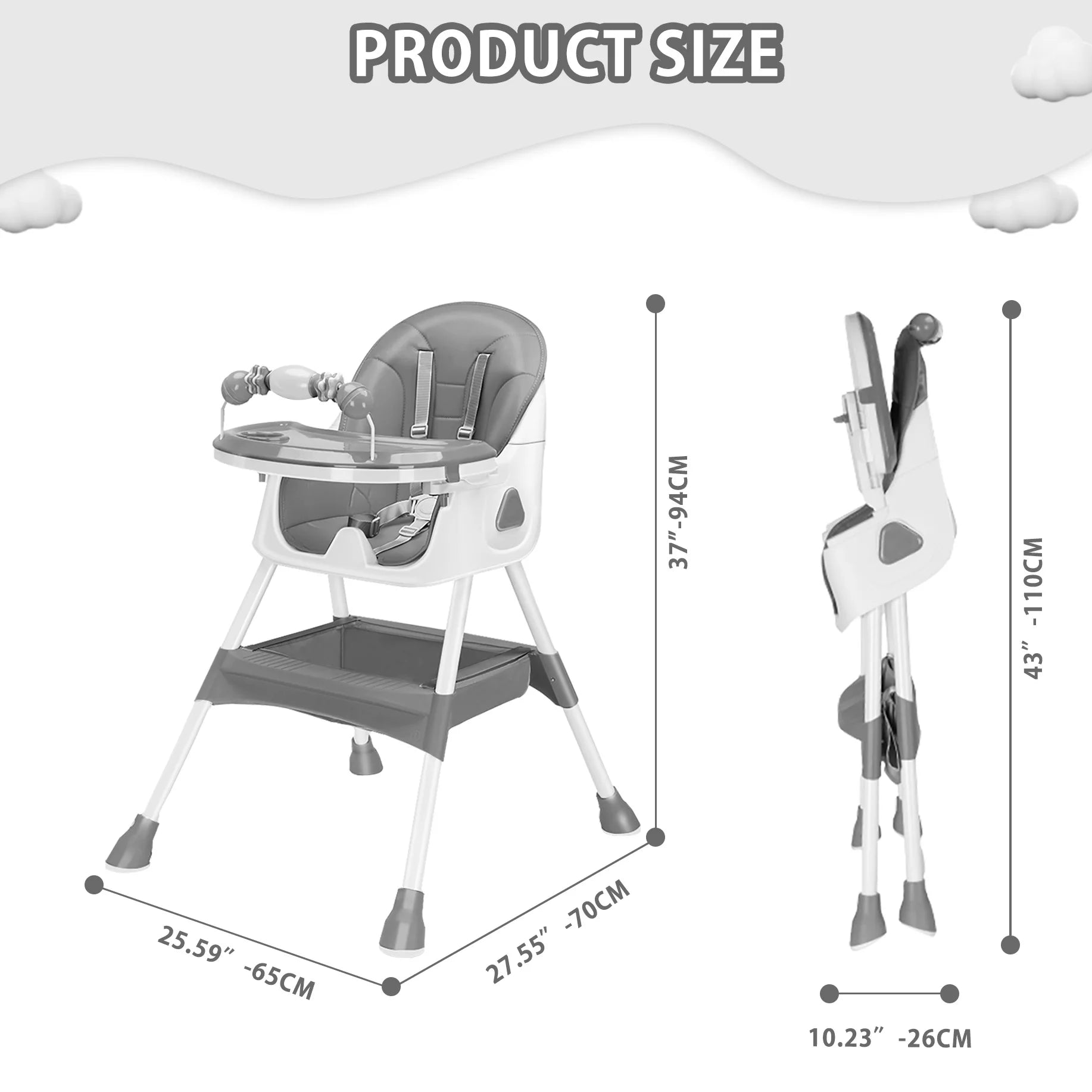 Gray and white baby high chair with dimensions on a white background