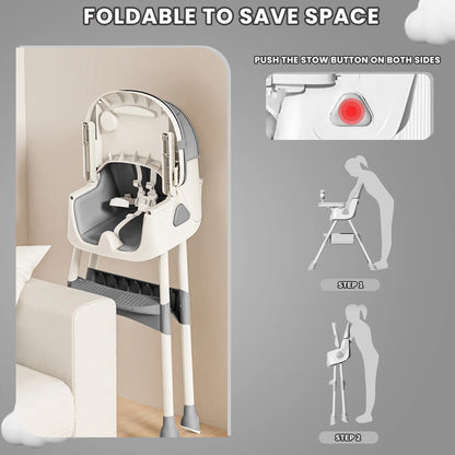 Foldable high chair with instructions on how to stow it, shown against a neutral background.