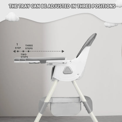 High chair with adjustable tray on a plain background