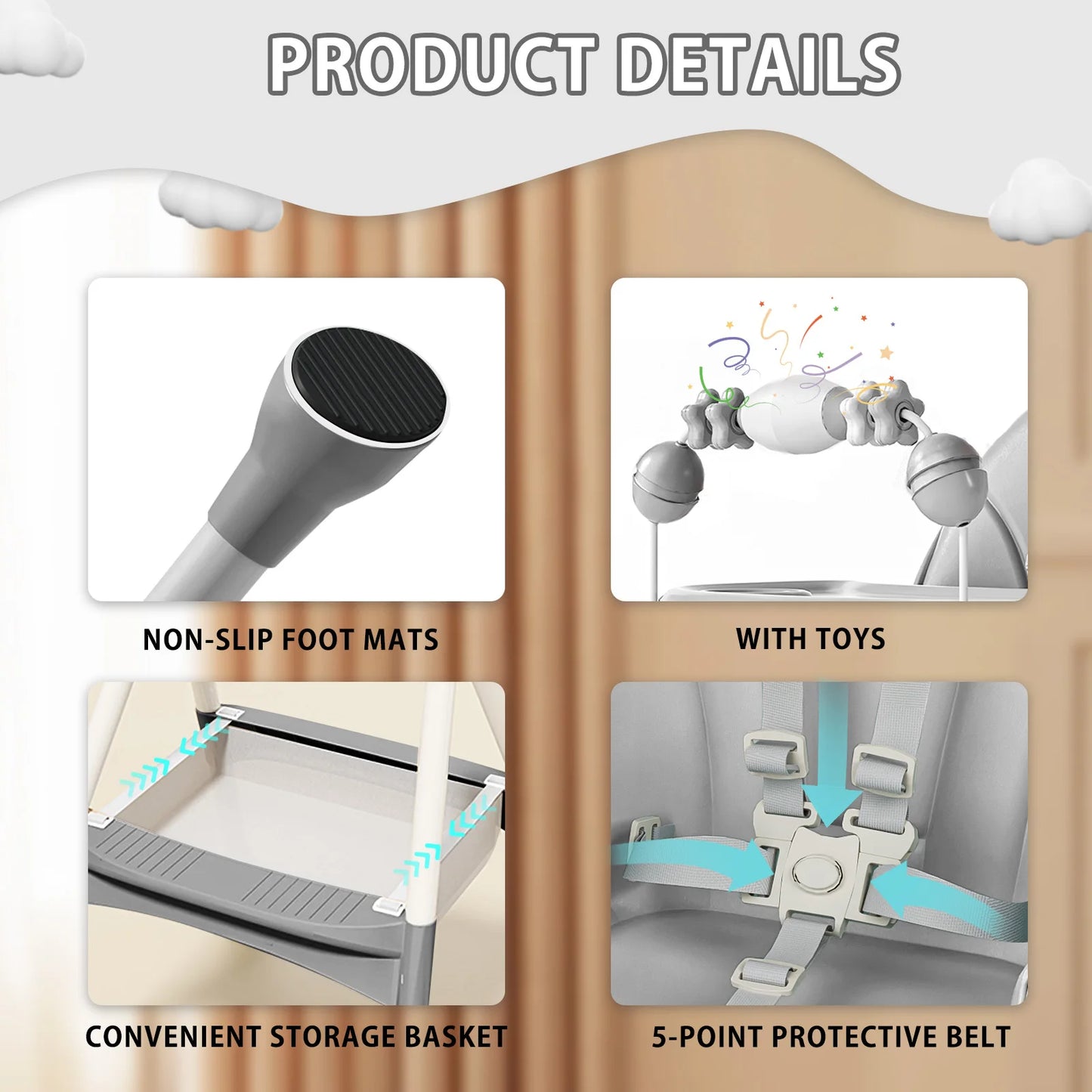 Product details of a wooden playpen with features like non-slip foot mats, toys, storage basket, and protective belt.