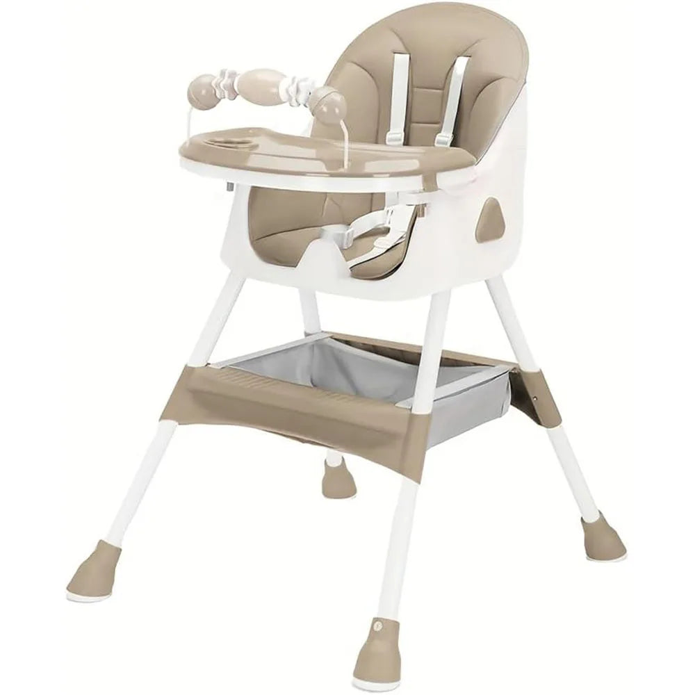 Beige and white high chair with tray on a white background