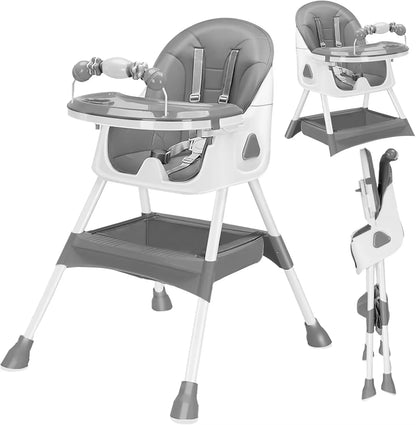 Gray and white high chair with tray and footrest on a white background
