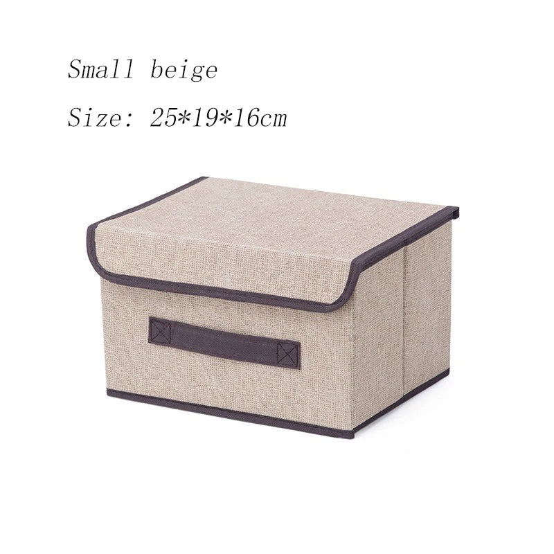 Small beige storage box with brown trim on a white background