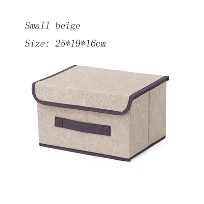 Small beige storage box with brown trim on a white background