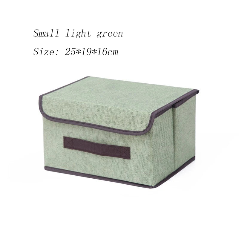 Light green storage box with brown trim on a white background