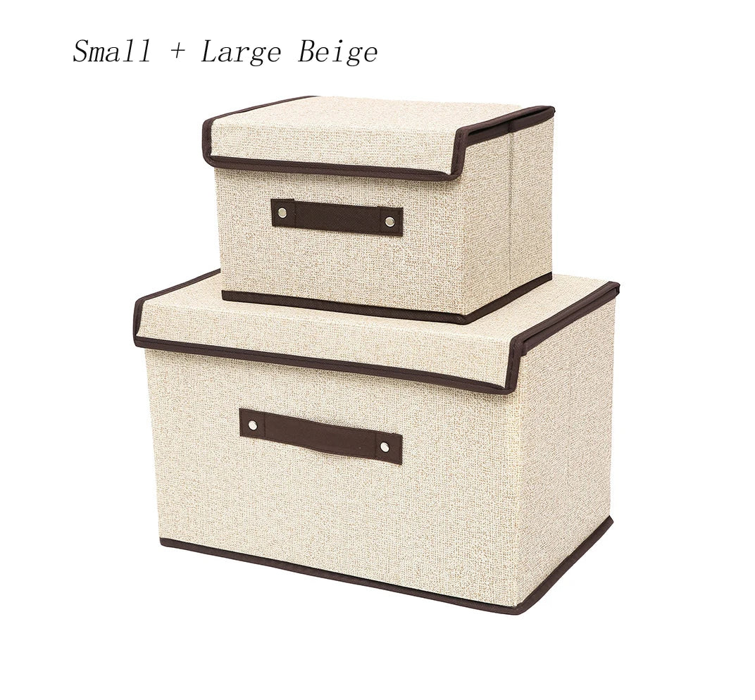 Two beige storage boxes with brown handles on a white background