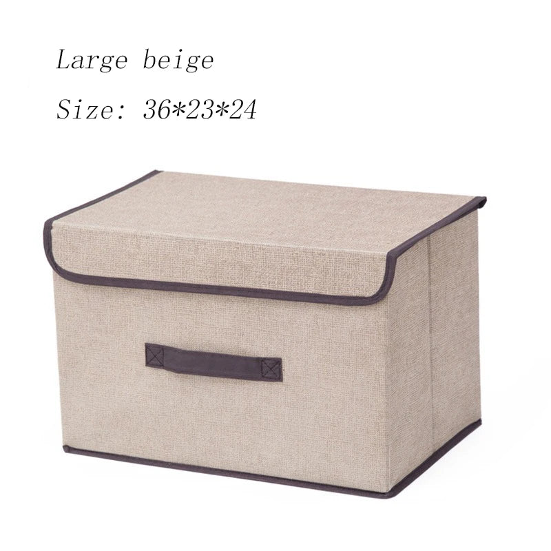 Beige storage box with a brown handle on a white background