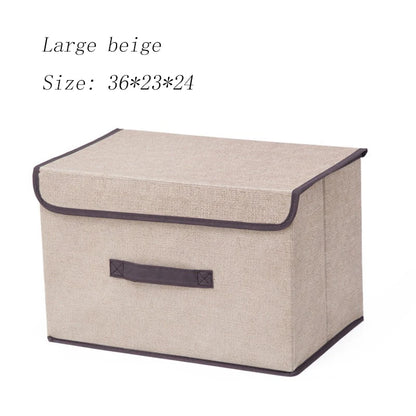 Beige storage box with a brown handle on a white background