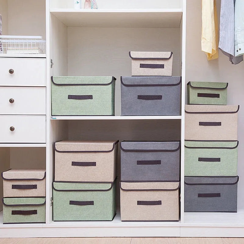 Storage boxes in various colors stacked and arranged in a closet.