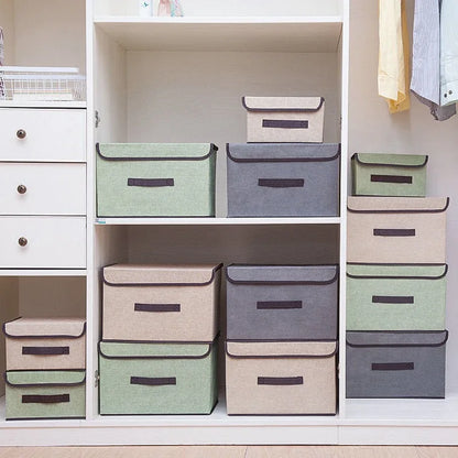Storage boxes in various colors stacked and arranged in a closet.