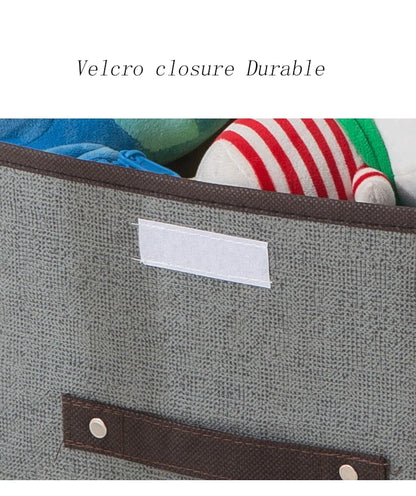 Gray storage bin with brown Velcro closure and visible label, containing colorful socks.