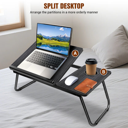 Portable laptop desk with split design on a bed, featuring a laptop, mouse, and coffee cup.