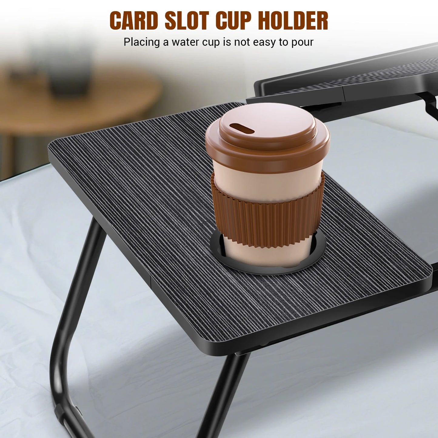 Card slot cup holder with a coffee cup on a bed