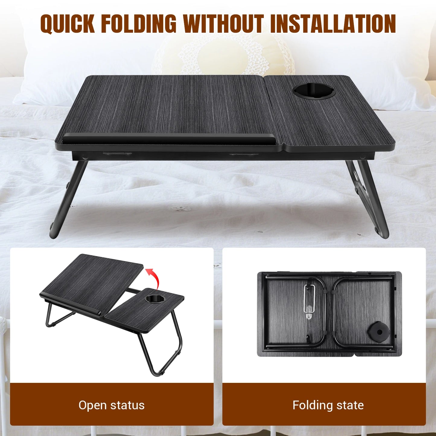 Foldable table with cup holder on a bed, showing open and folding states.