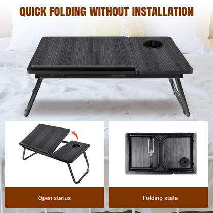 Foldable table with cup holder on a bed, showing open and folding states.
