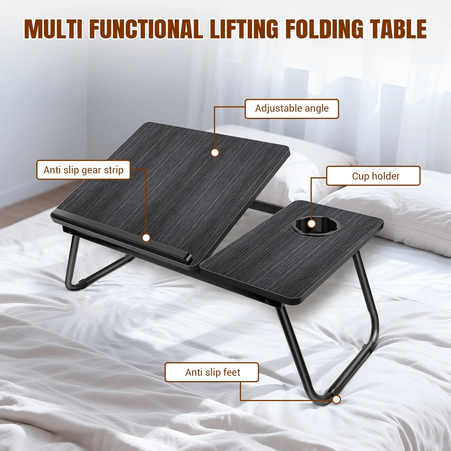 Multi-functional lifting folding table with features labeled on a bed background