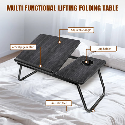 Multi-functional lifting folding table with features labeled on a bed background