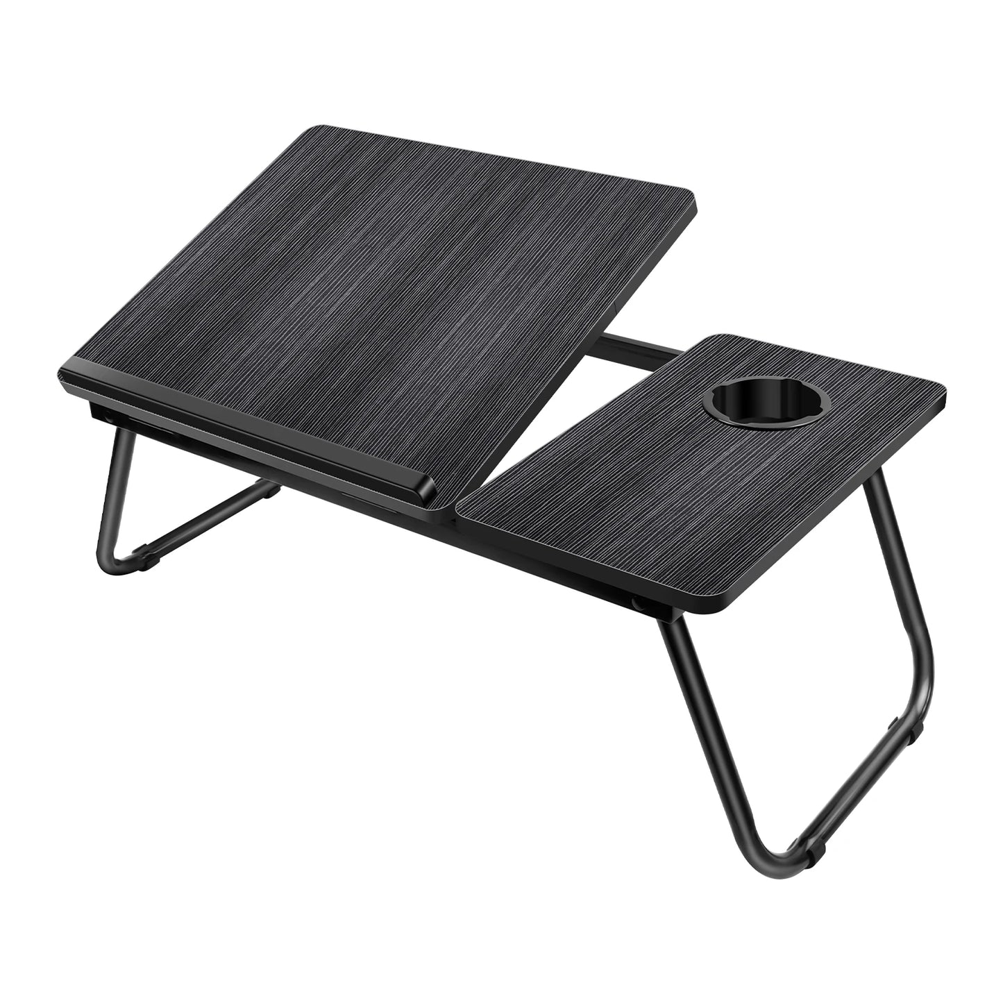 Portable folding table with a cup holder on a white background